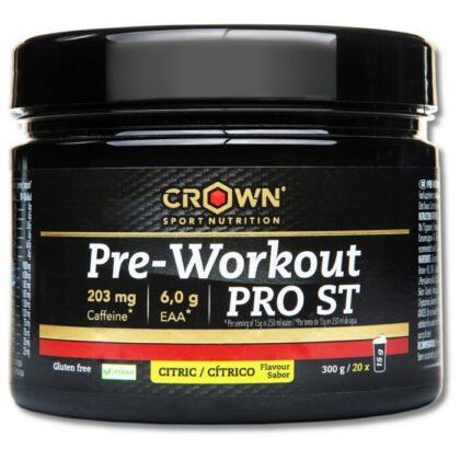 Crown Sport Nutrition Pre-Workout PRO ST, Preentreno con cafeína, EEAA, precursores del óxido nítrico, Con certificado Informed Sport. Línea ST [Scientific Tested], Sabor Cítrico, 300 g (20 porciones)
