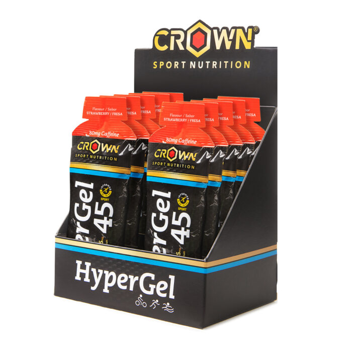 Crown Sport Nutrition HyperGel 45 + Caffeine, Gel energético líquido con 45 g de carbohidratos 1:0,8 y sodio, Con certificado Informed Sport, Sabor Fresa con cafeína ,75 g